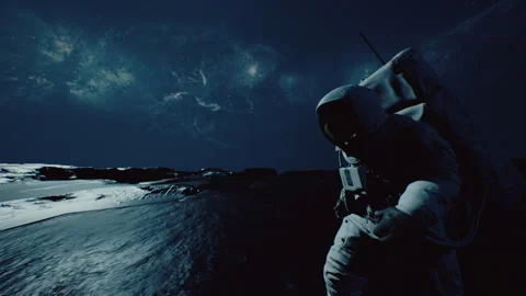 An Astronaut On Alien Planet walking carefully at night and looking at the .. Stock-Footage 240314366