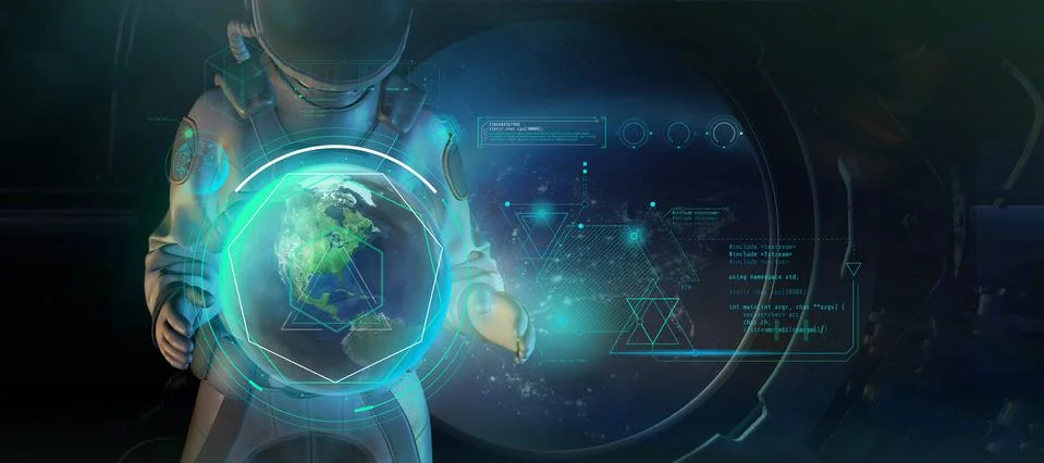 An astronaut is analyzing data from the Earth's orbit. Illustrazione stock