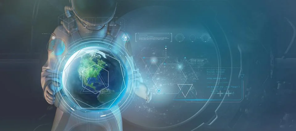An astronaut is analyzing data from the Earth's orbit. 3D render 스톡 일러스트
