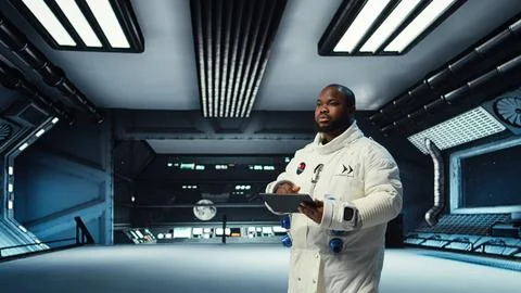 Astronaut analyzing planetary data in spacecraft powered by advanced engineering Stock Photos