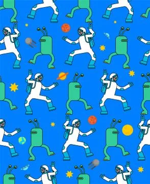 Astronaut and alien dance pattern seamless. Spaceman and Space Invader dancer Stock Illustration