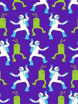 Astronaut and alien dance pattern seamless. Spaceman and Space Invader dancer Stock Illustration