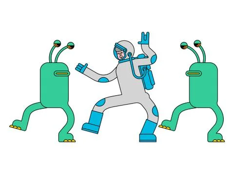 Astronaut and alien dance. Spaceman and Space Invader dancer. Space disco Stock Illustration