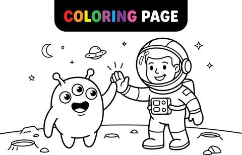 Astronaut and Alien High Five on Moon Coloring Page. Stock Illustration