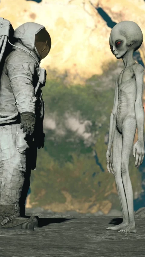 An astronaut and a gray alien stand looking at each other on the moon.  Stock Footage 310845095