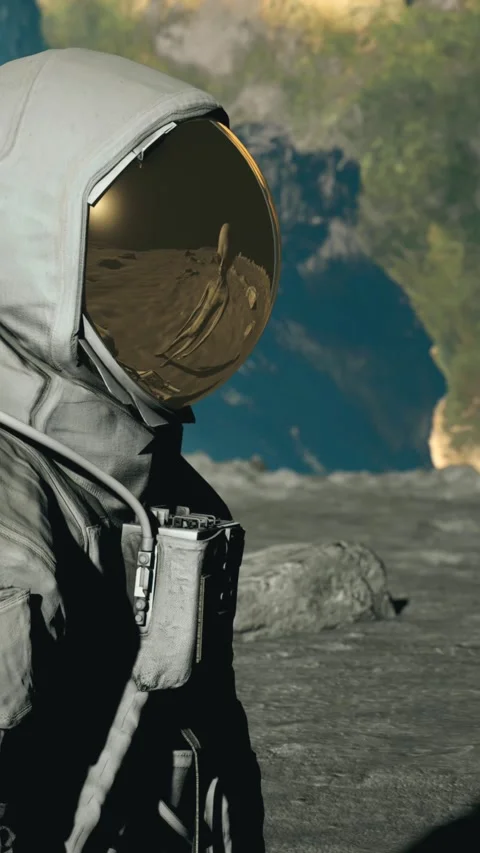 An astronaut and a gray alien stand looking at each other on the moon.  Stock Footage 310845150