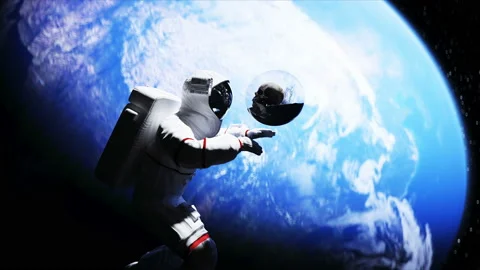 Astronaut and human skull in outer space in glass sphere. Apocalypse concept. 3d Stock Footage 132671591