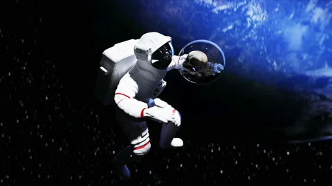 Astronaut and human skull in outer space in glass sphere. Apocalypse concept. 3d Stock Footage 132671785
