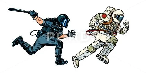 Astronaut and riot police with a baton Stock Illustration
