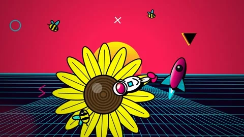 Astronaut And Rocket Flying Around Helianthus Annuus Sunflower Animation 스톡 동영상 341174951