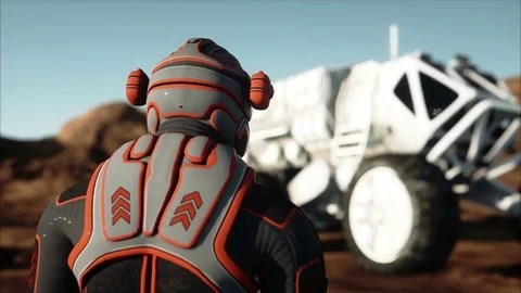 Astronaut and rover on alien planet. Martian on mars. Sci -fi concept. Video stock 70956818
