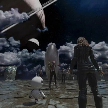 Astronaut and small robot facing a strange egg-shaped object and aliens at th Stock Illustration