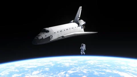 Astronaut and the space shuttle orbitting in outer space Stock Footage 252108759
