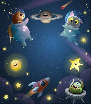 Astronaut Animals in Space with Rocket Wallpaper Stock Illustration