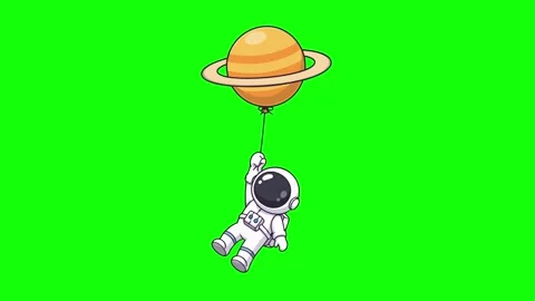 Astronaut animated holding saturn planet balloon floating 4k green screen Stock Footage 345856359
