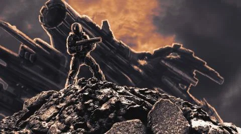 Astronaut on the background of a crashed spaceship Stock Illustration