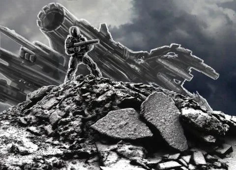 Astronaut on the background of a crashed spaceship Stock Illustration
