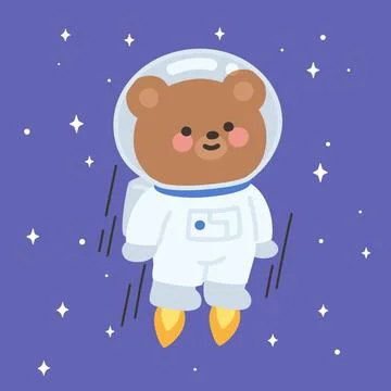 Astronaut Bear Flying in Space with Jet Boosters under Starry Sky Stock Illustration