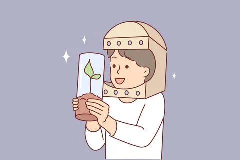 Astronaut boy holds tree in test tube and dreams of growing plants flying into 스톡 일러스트