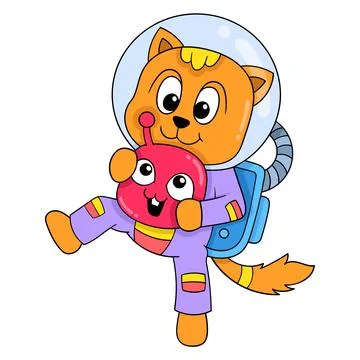 Astronaut cat in space playing with alien child, doodle icon image kawaii Stock-Illustration
