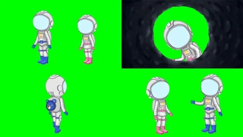 Astronaut characters walking waving hands and stepping into dark portals 2d Stock Footage 334702966