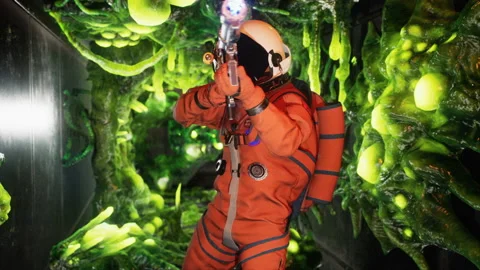 An astronaut clears the airlock of his spaceship of alien creatures with a Stock Footage 239459516
