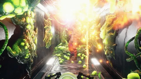 An astronaut clears the corridor of a spacecraft of alien creatures with a Stock Footage 239383485