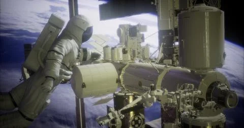 Astronaut conducts repairs outside space station orbiting Earth Stock Illustration