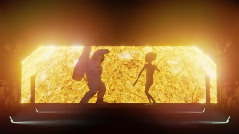 Astronaut dancing with aliens at sun encounter Stock Footage 290455962
