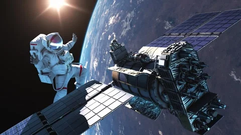 Astronaut in deep space with a satellite Stock Footage 251772217