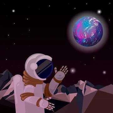An astronaut on a distant planet. Distant world in space. Stock Illustration
