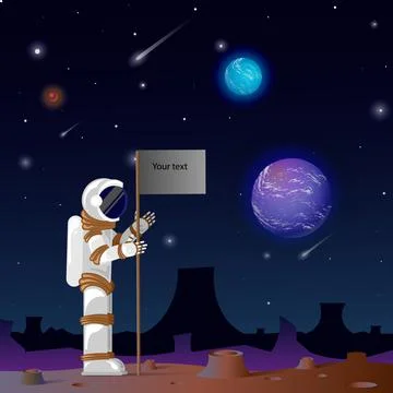 An astronaut on a distant planet sets a flag on which to place your tex or lo Stock Illustration