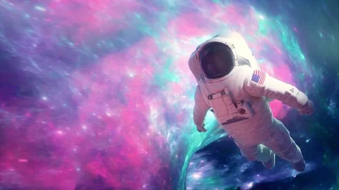 Astronaut Drifting in Space, 3D Starfield Exploration Animation Stock Footage 256998401