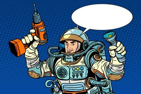 Astronaut with a drill and flashlight Stock Illustration