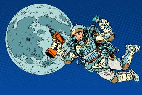Astronaut with a drill and flashlight on the Moon Stock Illustration