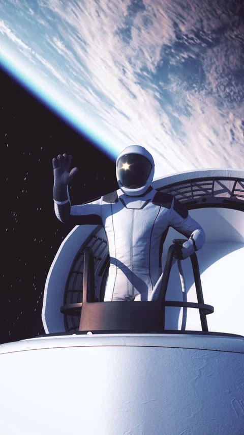 Astronaut emerging from a Dragon spacecraft into outer space Stock Footage 342800064