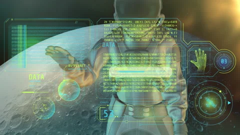 An astronaut examines an array of coded data, 3D render. Stock Footage 159360868