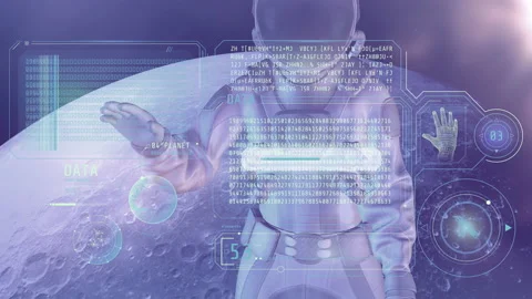 An astronaut examines an array of coded data, 3D render. Stock Footage 163302151