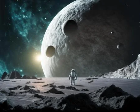 Astronaut explore an asteroid in space 3D rendering. Stock Illustration