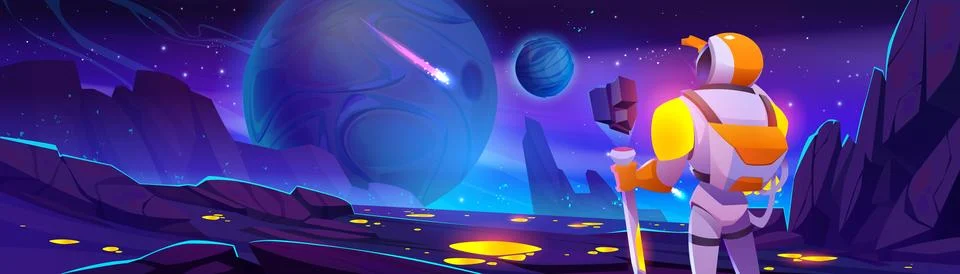 Astronaut explore planet in space fantasy vector Stock Illustration