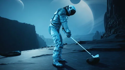 An astronaut explorer is playing Golf on a beautiful alien planet. Animation for Stock Footage 137449985