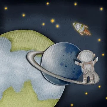 An astronaut explores celestial worlds, discovering planets and stars on a .. Stock Illustration