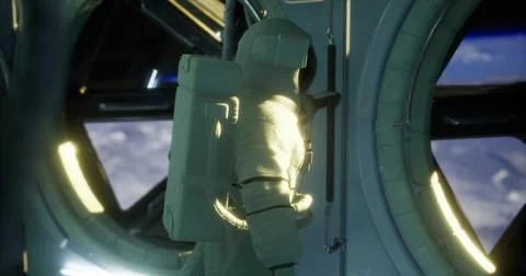 Astronaut explores the interior of a futuristic space station at dawn Stock Illustration