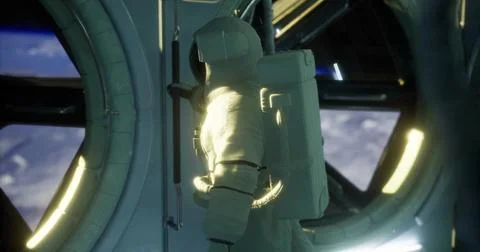 Astronaut explores the interior of a space station with a view of Earth Stock Illustration