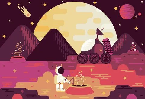 Astronaut explores the surface of the planet - vector flat cartoon illustration. Stock Illustration