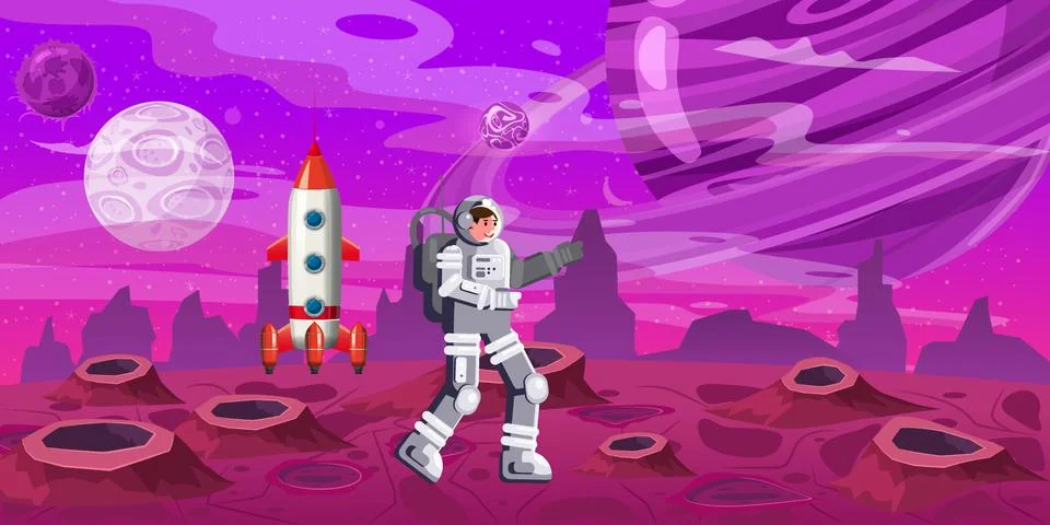 Astronaut exploring alien planet rocket. Cosmonaut scientific traveler character Stock Illustration