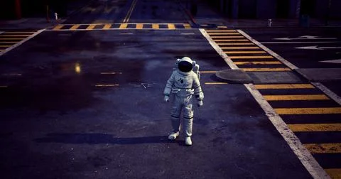 Astronaut exploring empty city street under dim lighting at night Stock Illustration