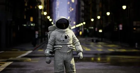 Astronaut exploring an empty urban street at twilight under soft streetlights Stock Illustration