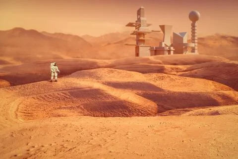 Astronaut exploring Mars planet Stock Photos