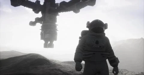 Astronaut exploring the Martian surface near a futuristic space station 스톡 일러스트
